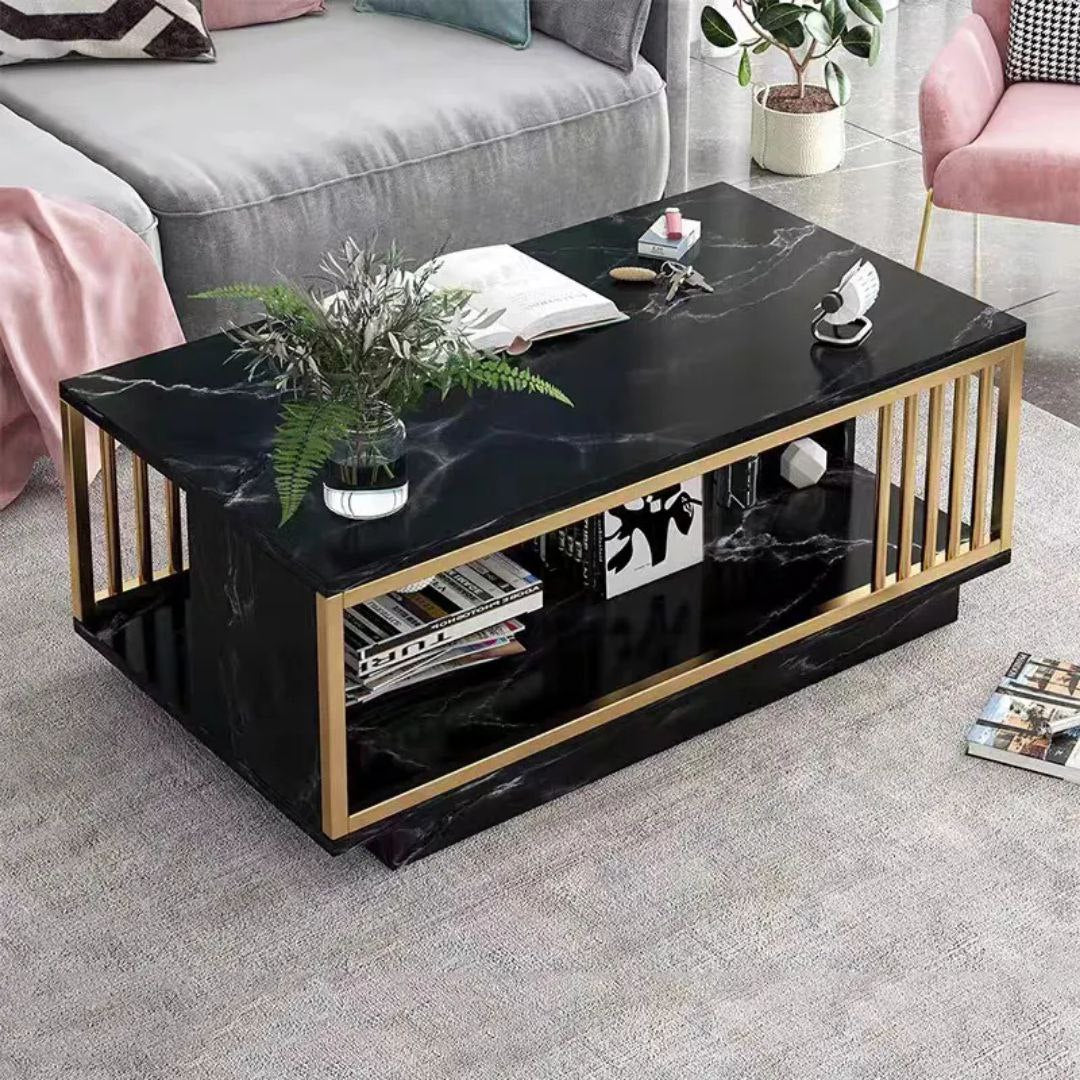 Table Basse Rectangulaire en Marbre Blanc & Noir avec Finitions Dorées