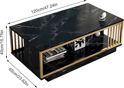 Table Basse Rectangulaire en Marbre Blanc & Noir avec Finitions Dorées