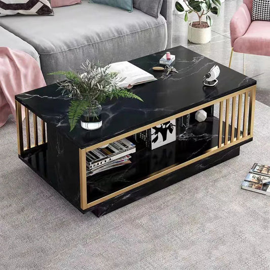Table Basse Rectangulaire en Marbre Blanc & Noir avec Finitions Dorées